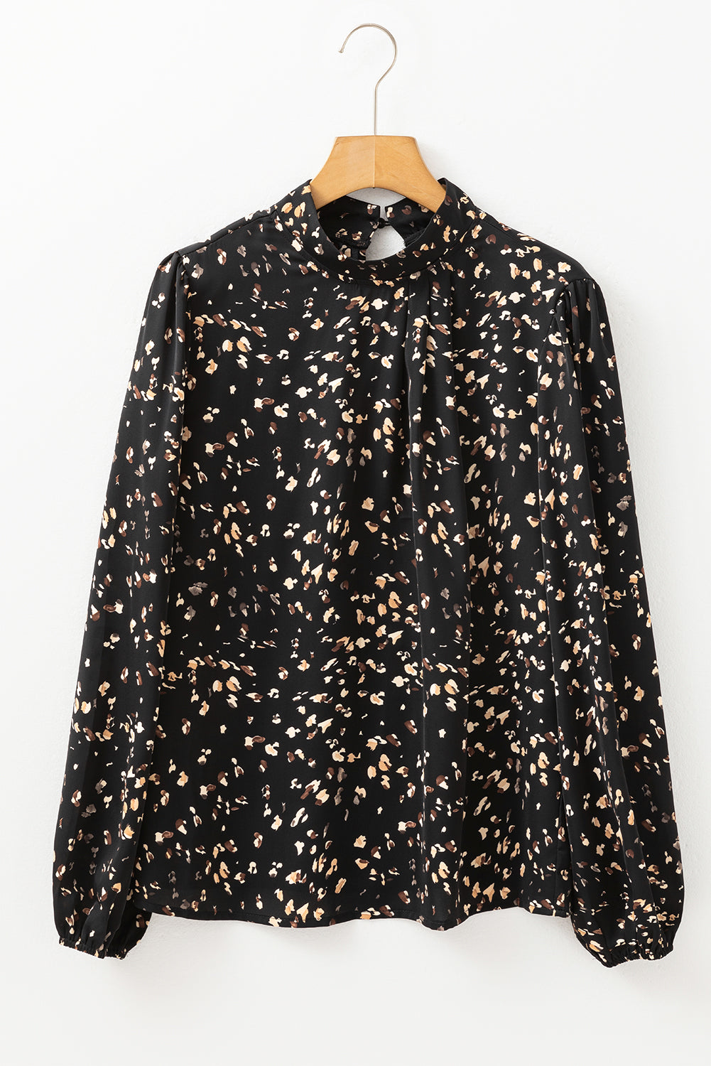 Leopard Print Lantern Sleeve Mock Neck Pleated Blouse