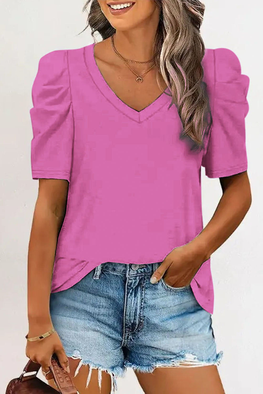 Fiona Puff Sleeve V-Neck T-Shirt in Rose