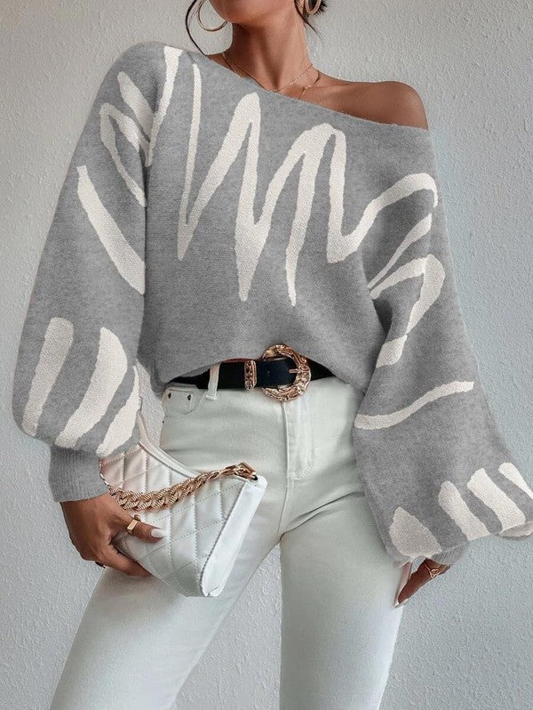 Oversized Balloon Sleeve Scribble Sweater