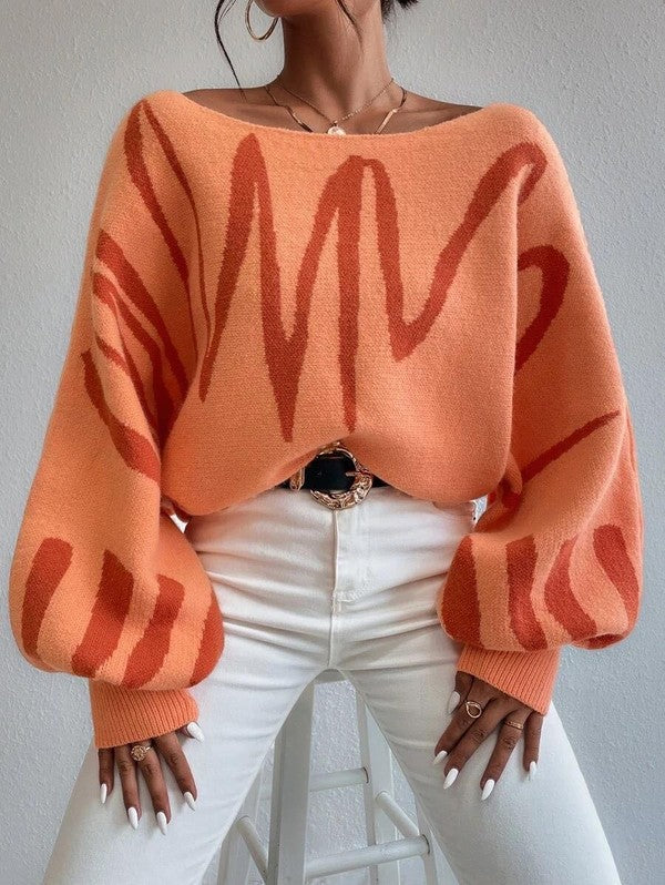 Oversized Balloon Sleeve Scribble Sweater