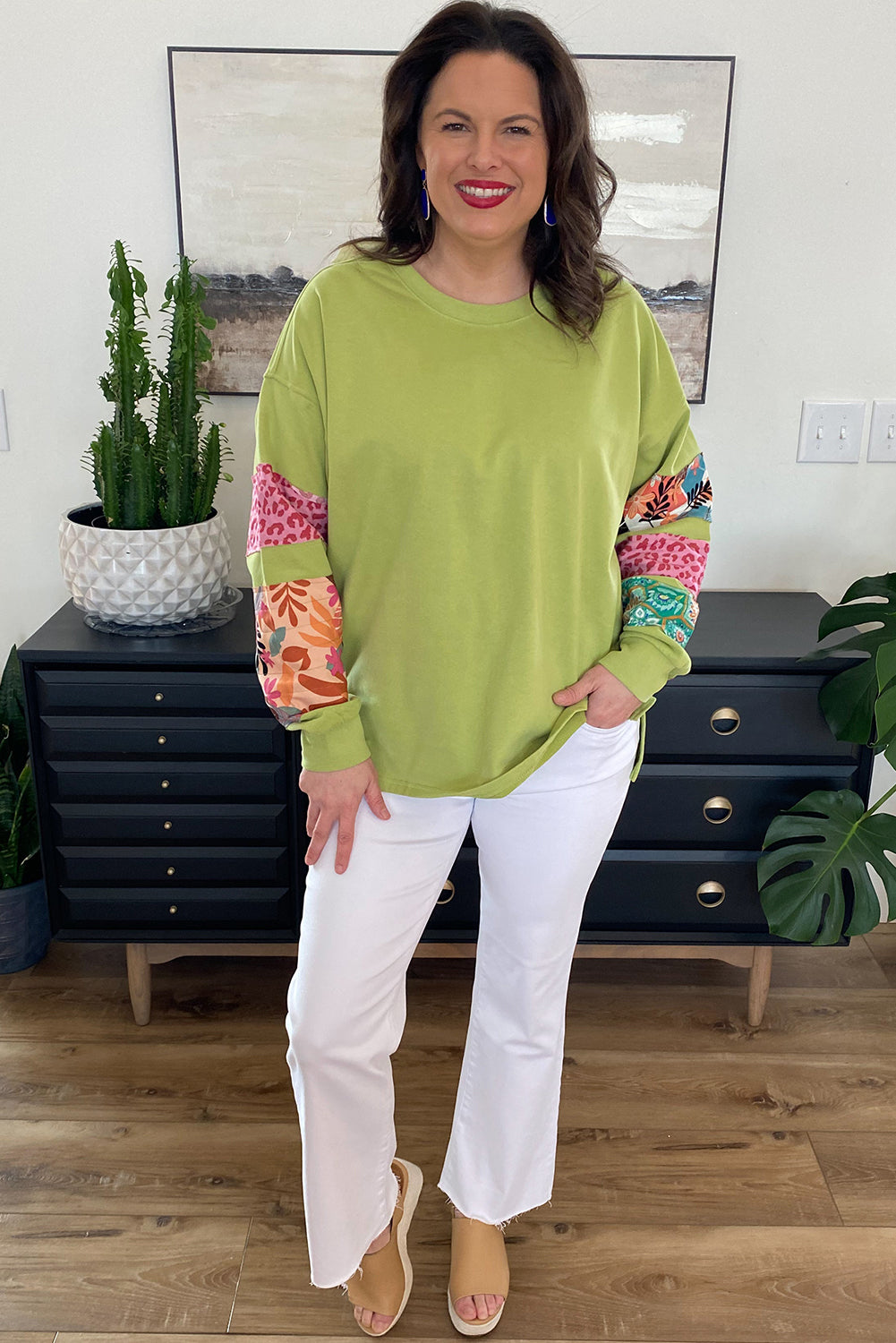 Green Printed Patchwork Sleeve Split Sweatshirt in CURZY SIZE ONLY