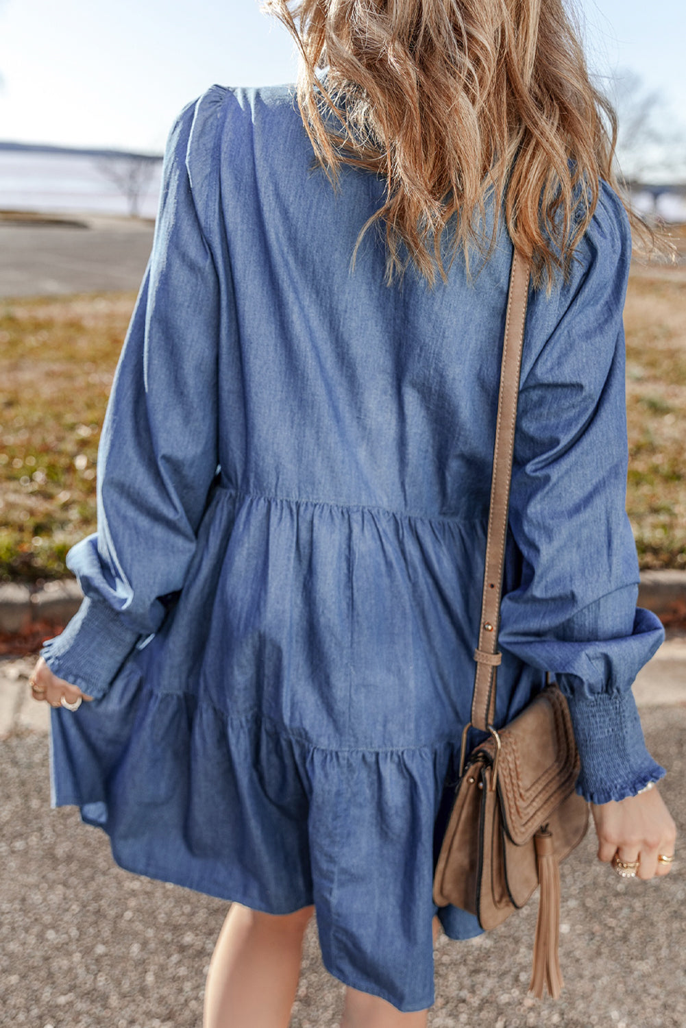 Smocked Cuff Buttoned Tiered Denim Mini Dress