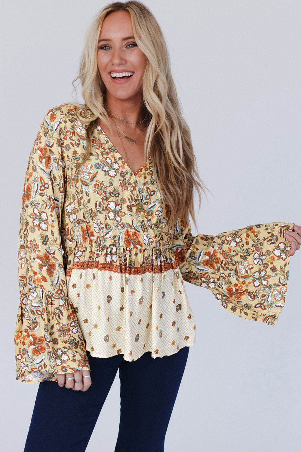 Yellow Floral Bell Sleeve V Neck Peplum Blouse