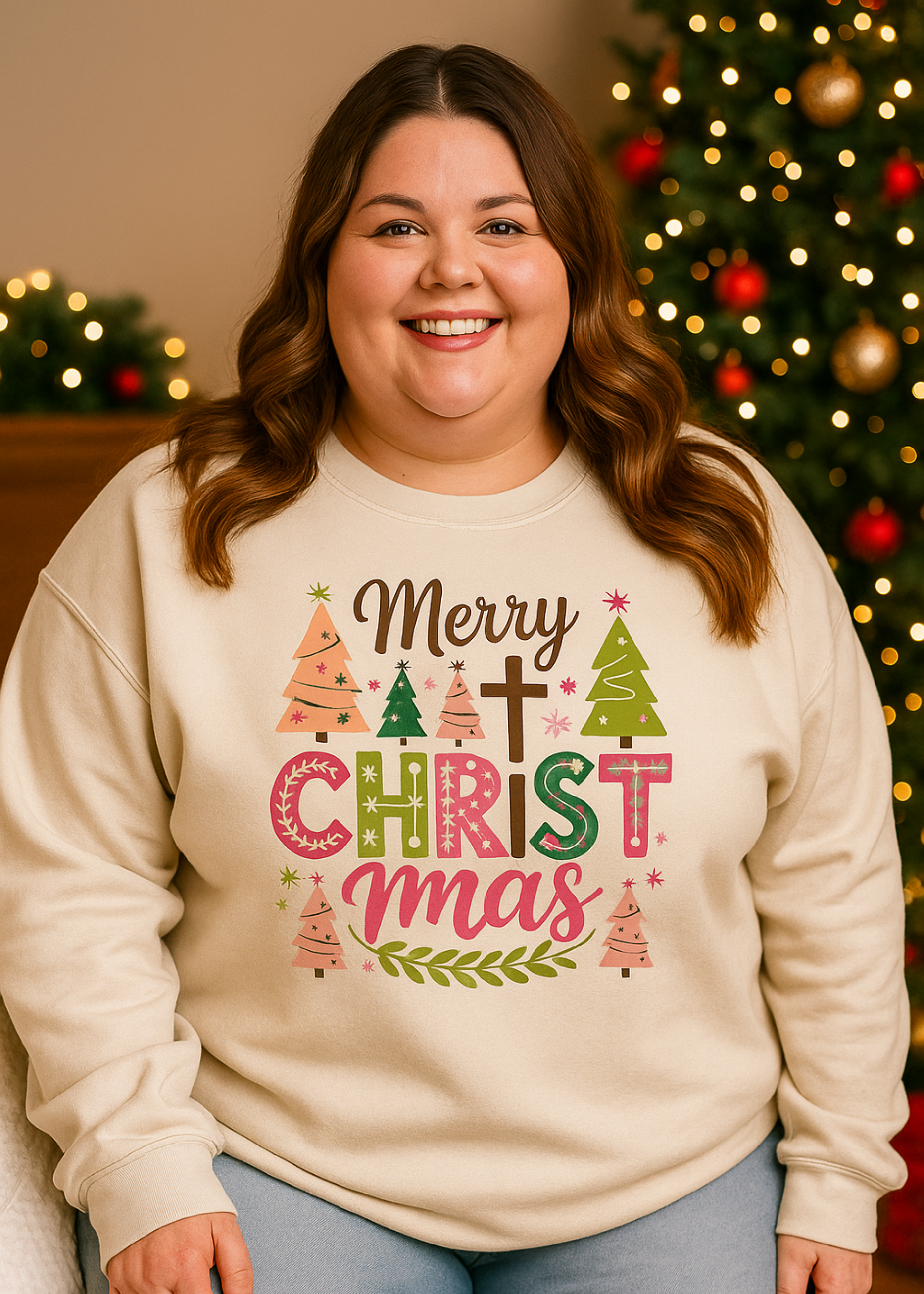 Person wearing a Christmas-themed sweatshirt with decorative text and graphics, standing in front of a decorated Christmas tree.
