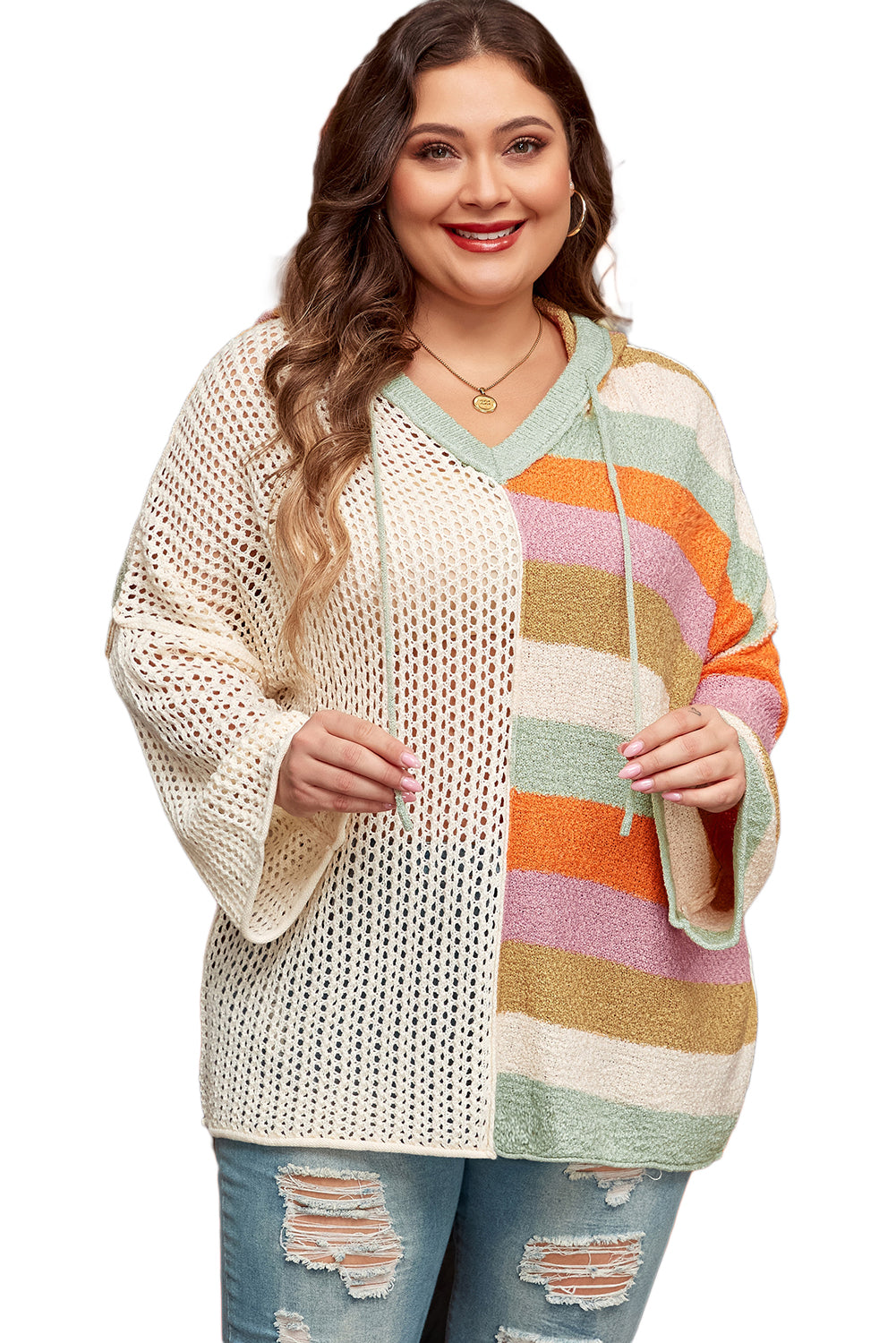 Beige Pointelle Knit Colorblock Patchwork V Neck Hooded Sweater (CURVY ONLY)