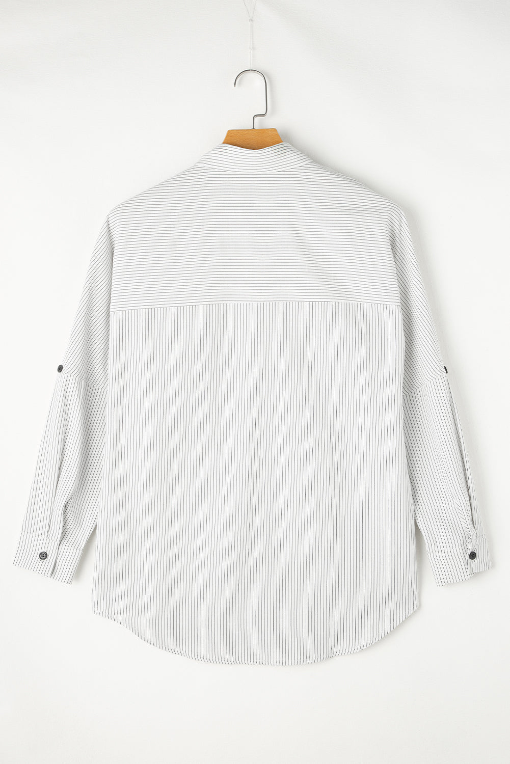 Stripe Roll-tab Sleeve Pocketed Long Shirt