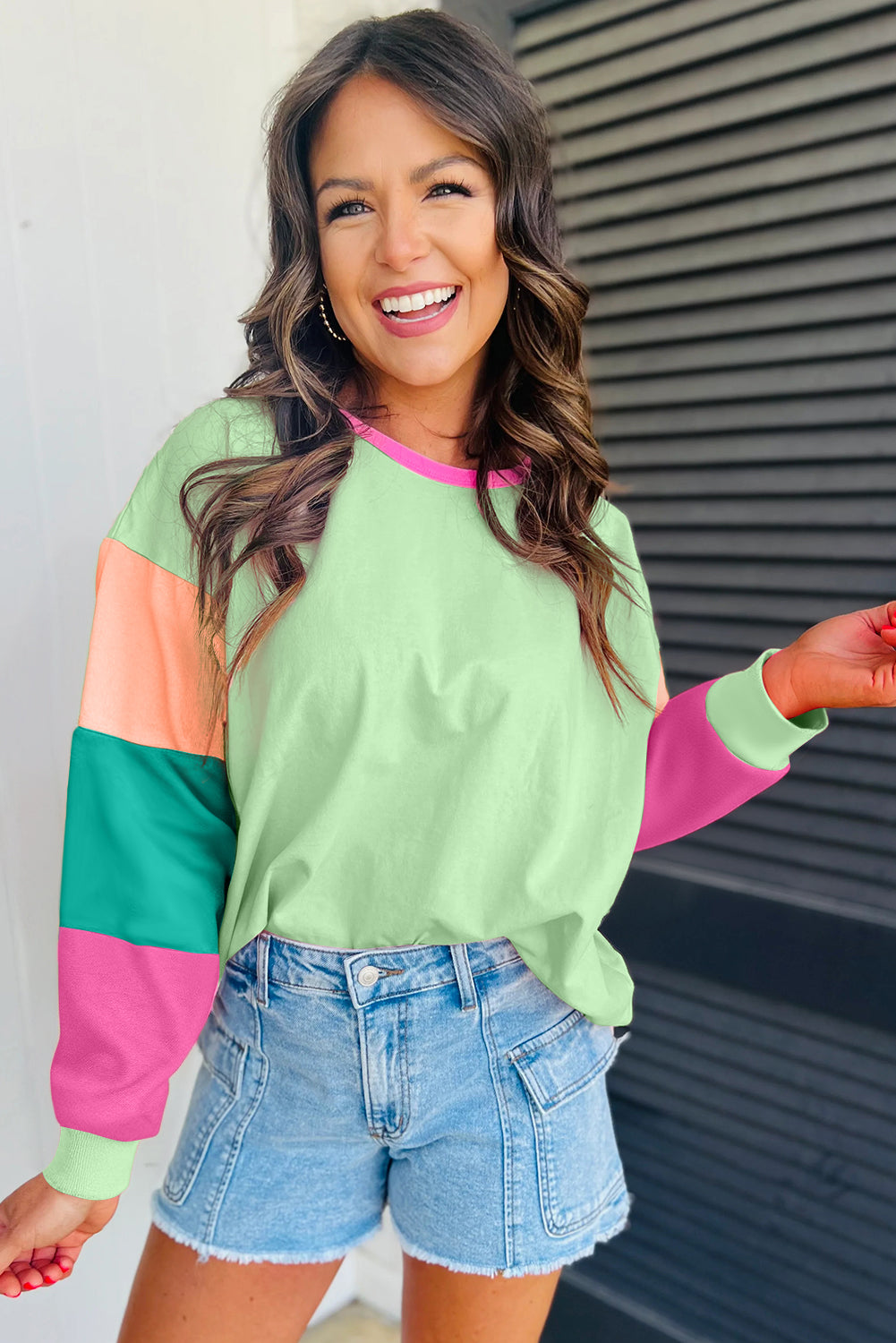 Color Block Patchwork Long Sleeve Loose Top