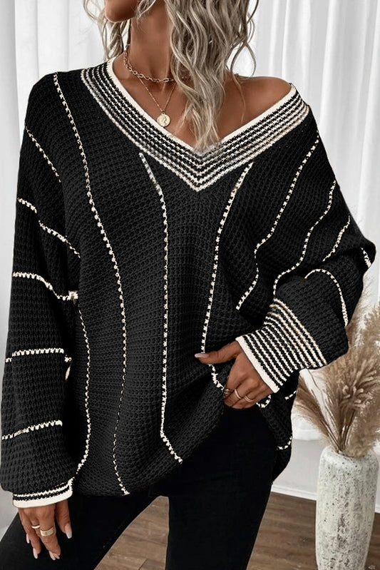 Black Color block Striped V Neck Knitted Loose Sweater