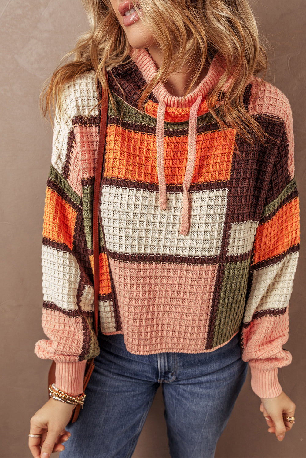 Orange Color Block Waffle Knit Drawstring Mock Neck Sweater