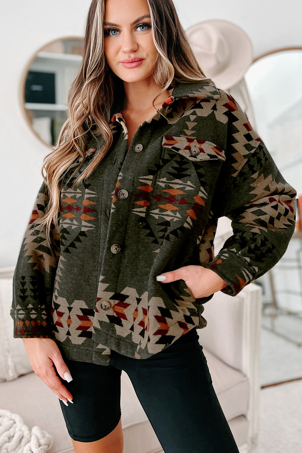 Green Aztec Print Flap Pockets Long Sleeve Shacket