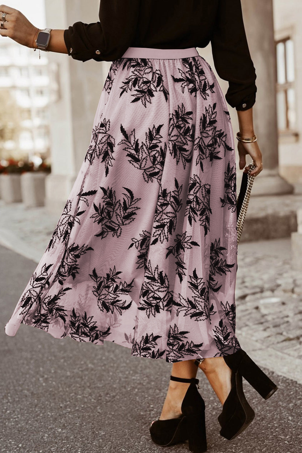 Floral Leaves Embroidered High Waist Maxi Skirt