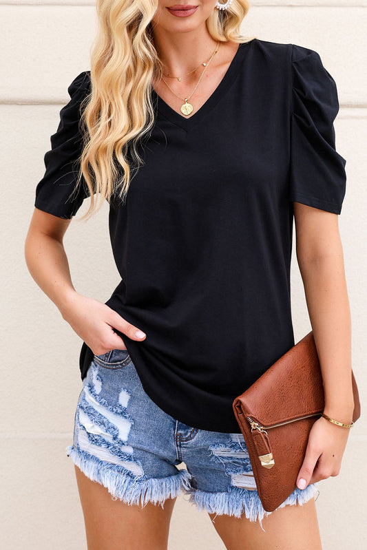 Fiona Puff Sleeve V-Neck T-Shirt in Black