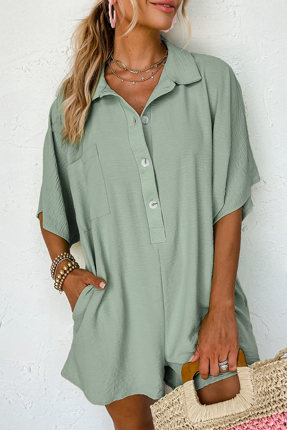 Half Button Collared Loose Romper in spinach green