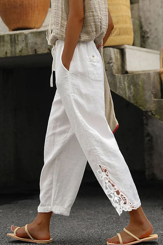 Lace Splicing Drawstring Casual Cotton Pants in White