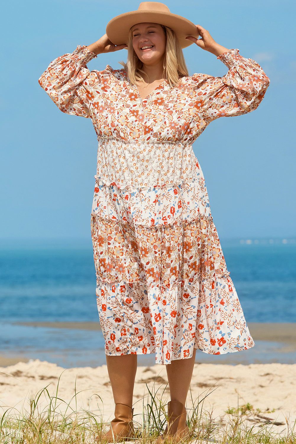 Khaki Floral Tiered Ruffle Maxi Dress in CURVY SIZE ONLY