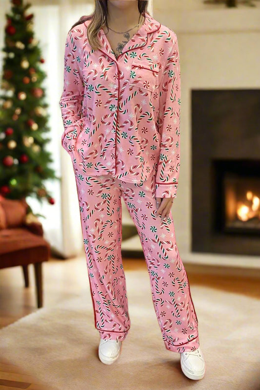 Pink Christmas Candy Cane Two Piece Pajamas Set