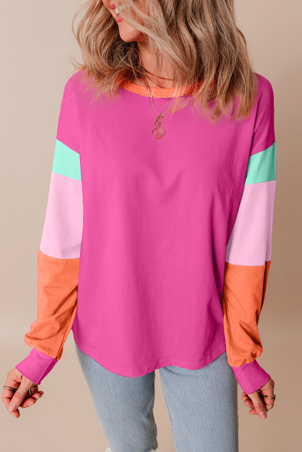 Color Block Patchwork Long Sleeve Loose Top