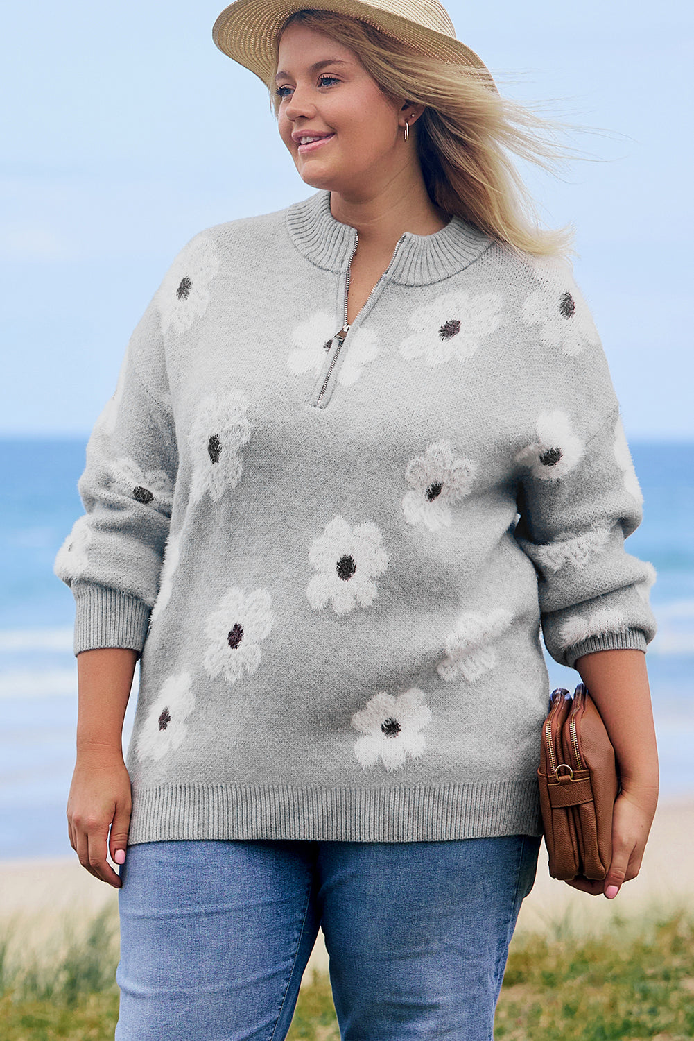 Gray Embroidered Floral Half Zip Sweater in CURVY SIZE ONLY