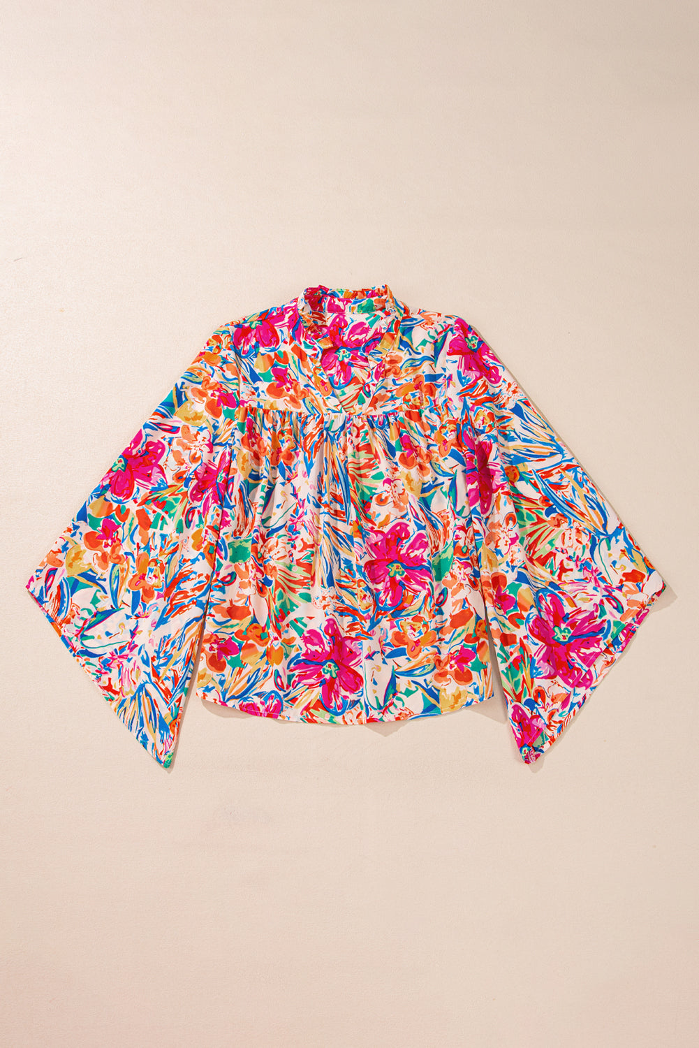 Multicolor Floral Print Bell Sleeve V Neck Blouse