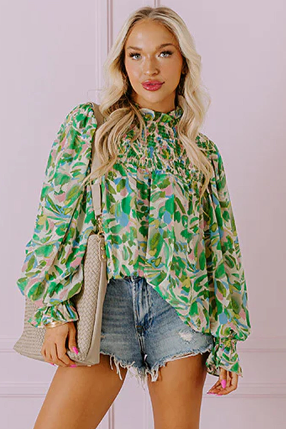 Green Leafy Printed Flounce Sleeve Blouse