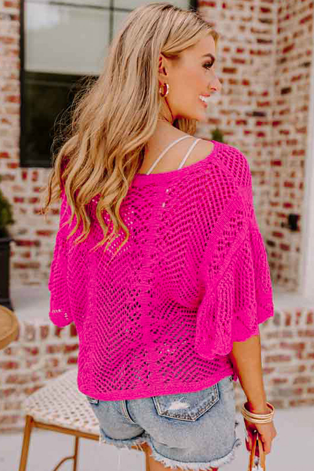 Rose Red Knit Scallop Edge Short Sleeve Knit Top