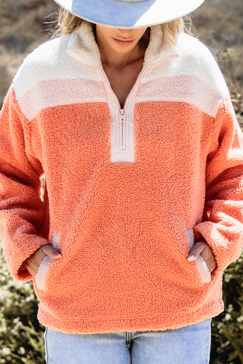 Orange Colorblock Half Zipper Stand Neck Sherpa Sweatshirt