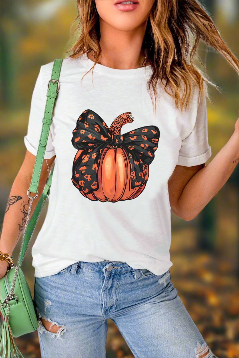 White Halloween Bowknot Pumpkin Graphic Crewneck T Shirt