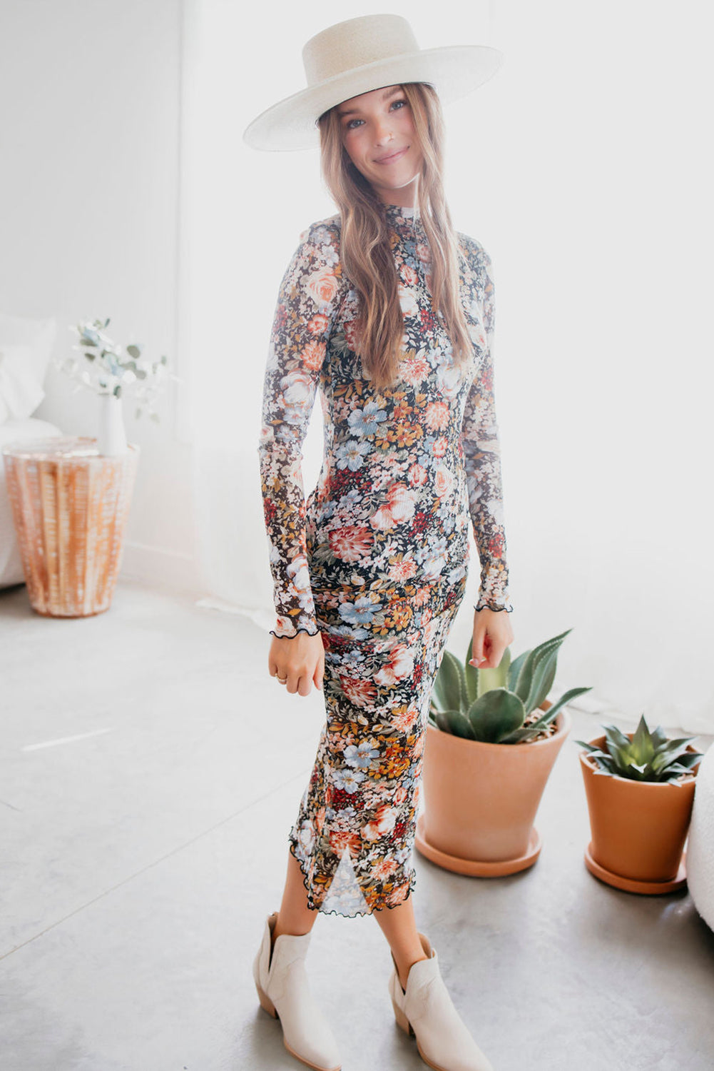 Brown Floral Mock Neck Bodycon Long Sleeve Midi Dress