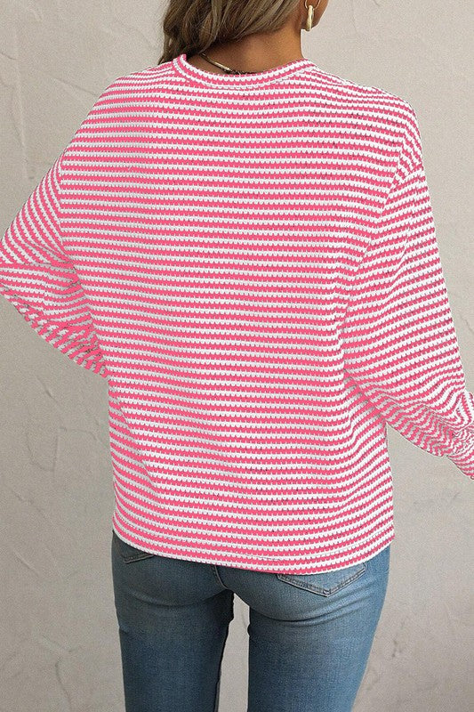 Striped Round Neck Drop Shoulder Long Sleeve Top