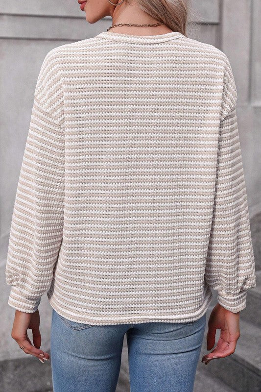 Striped Round Neck Drop Shoulder Long Sleeve Top