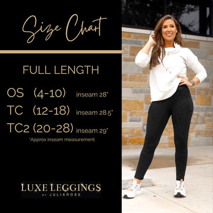 Woman wearing black leggings with a size chart on the side.