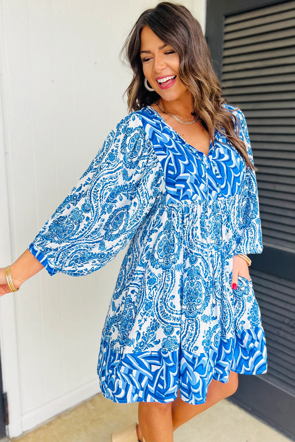 Bohemian Print Puff Sleeve Tied V Neck Flared Mini Dress