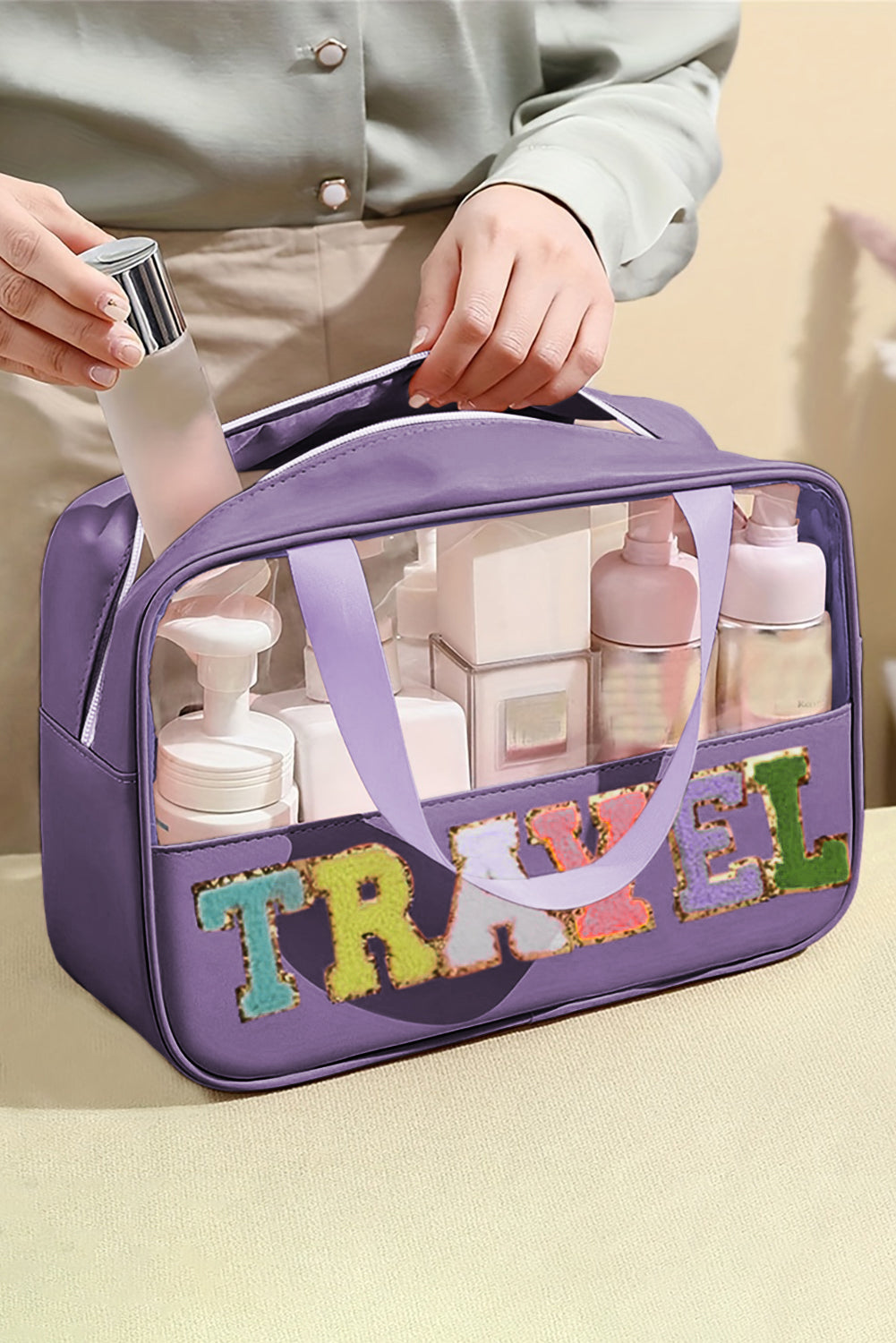 TRAVEL Chenille Letter Clear PVC Makeup Bag