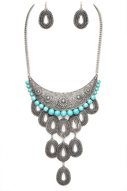 western necklace & earrings in blue & silver