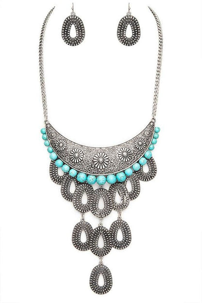 western necklace & earrings in blue & silver