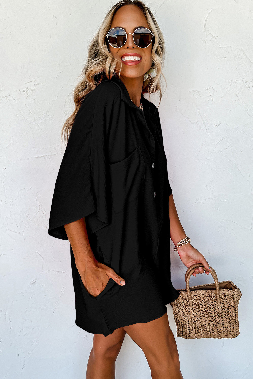 Half Button Collared Loose Romper in black