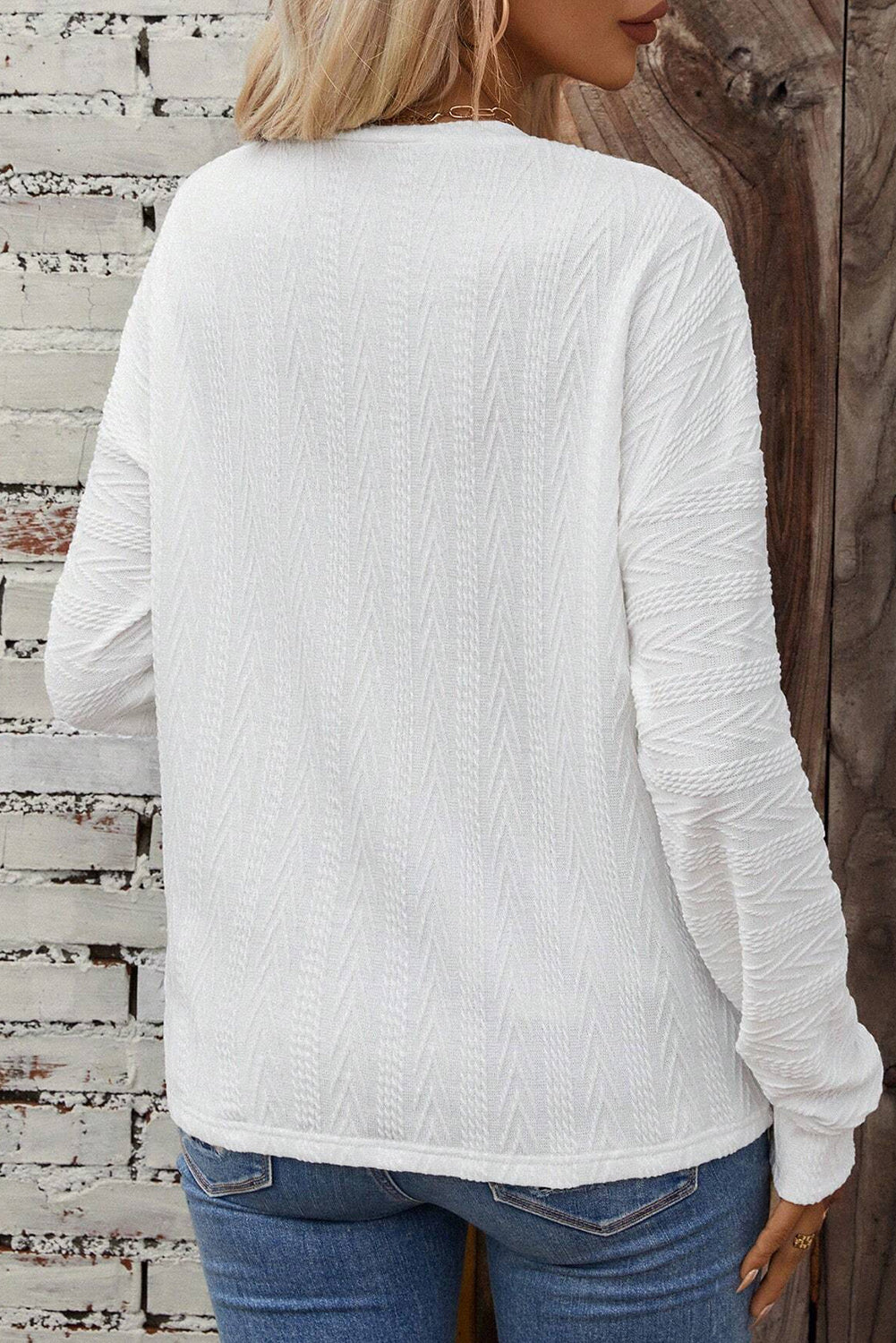 White Round Neck Drop Shoulder Textured Knit Top