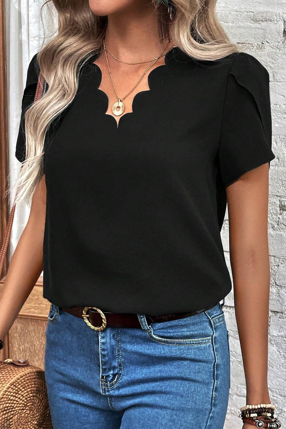 Black Scalloped V-Neck Petal Sleeve Top