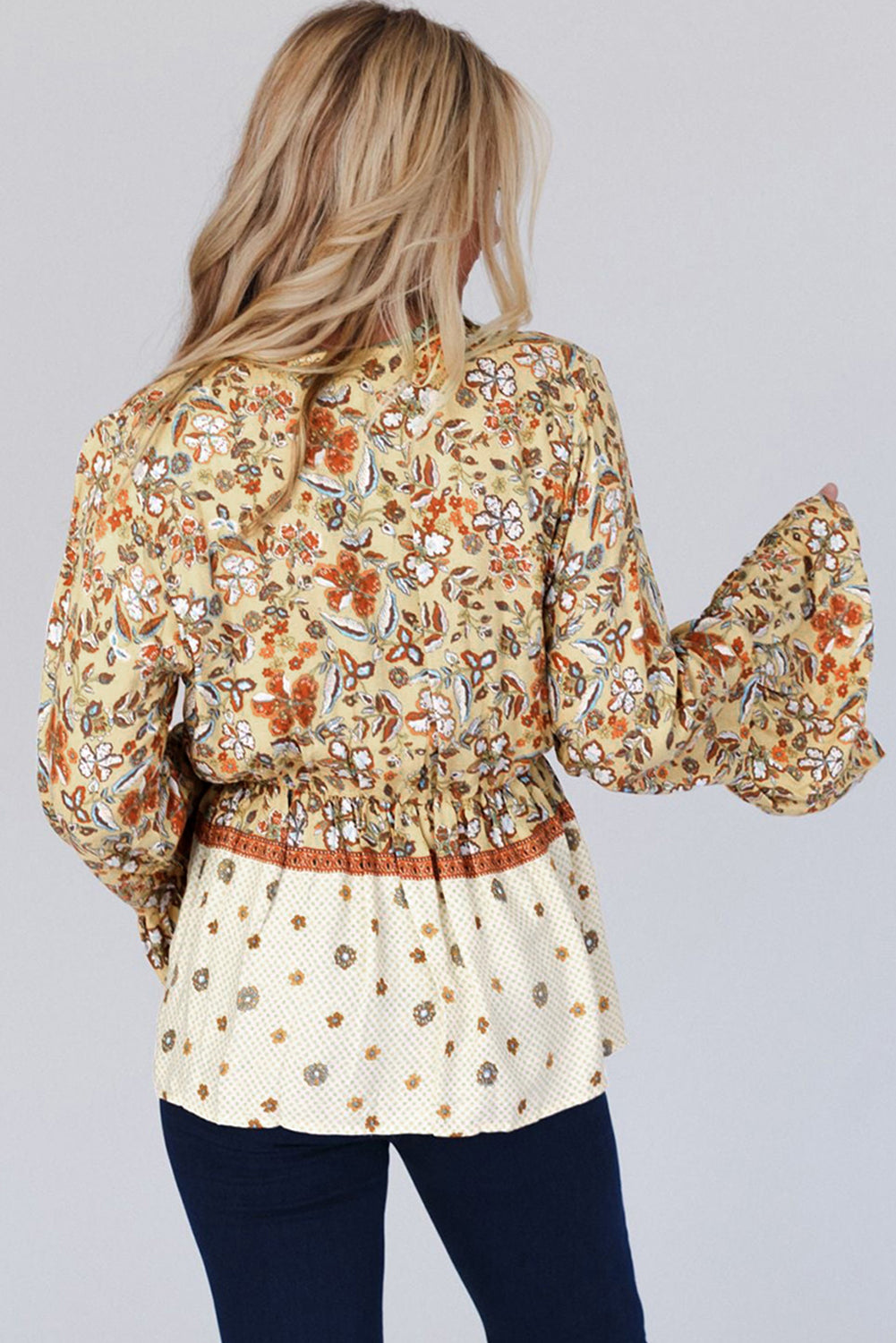 Yellow Floral Bell Sleeve V Neck Peplum Blouse