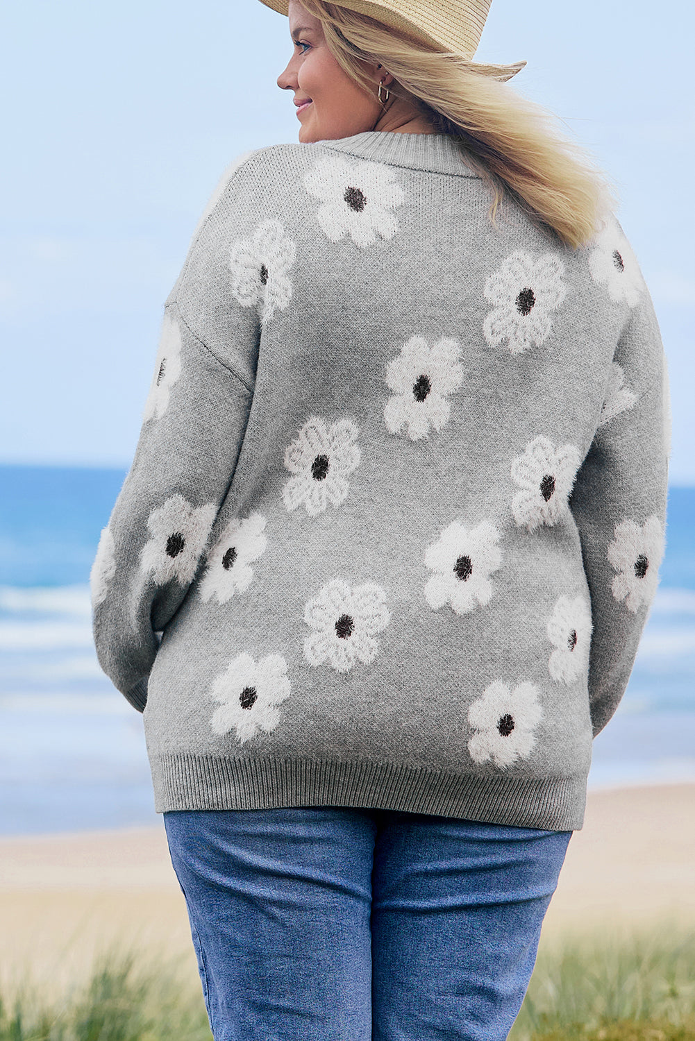 Gray Embroidered Floral Half Zip Sweater in CURVY SIZE ONLY