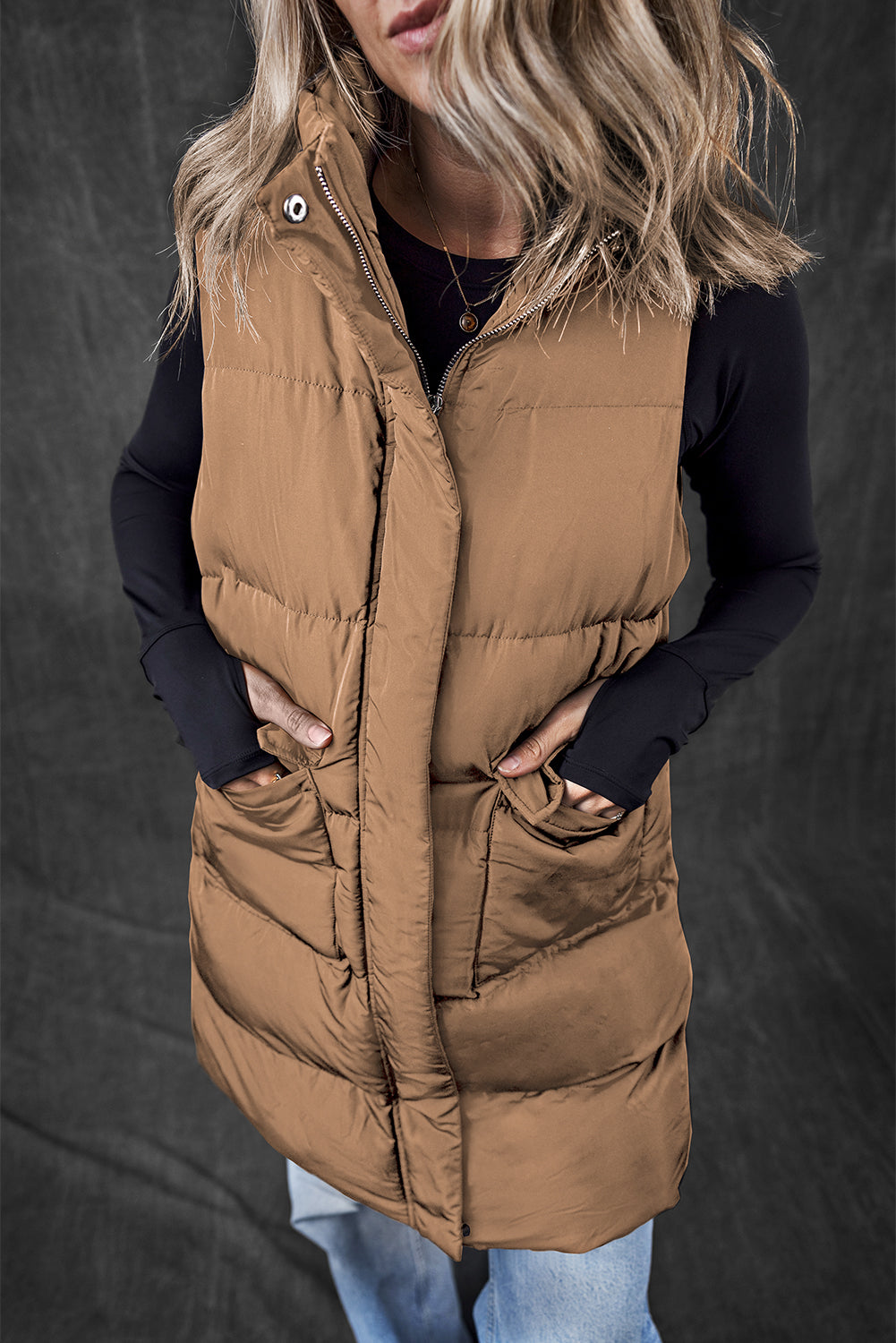 Windproof Longline Full Zipper Puffer Vest with Pockets