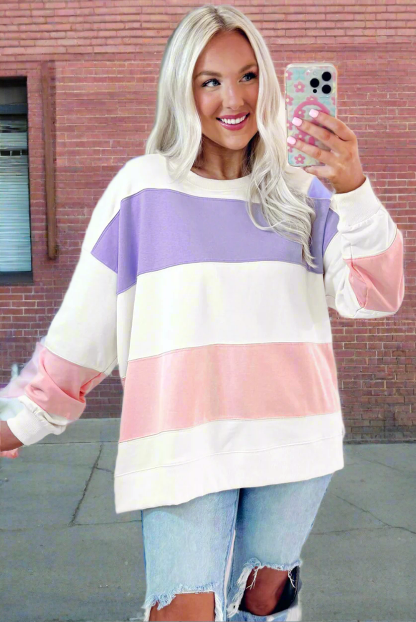 Beige Colorblock Patchwork Drop Shoulder Crewneck Sweatshirt