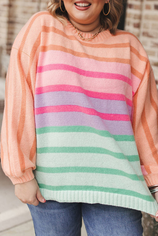 Pink Stripe Color Block Balloon Sleeve Sweater in CURVY SIZE ONLY