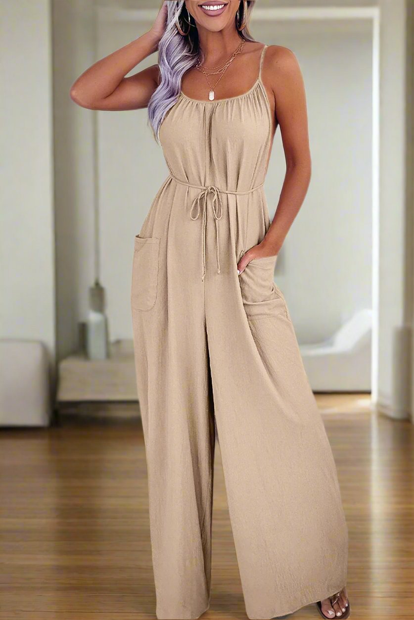 Apricot Spaghetti Straps Wide Leg Jumpsuit with Pockets