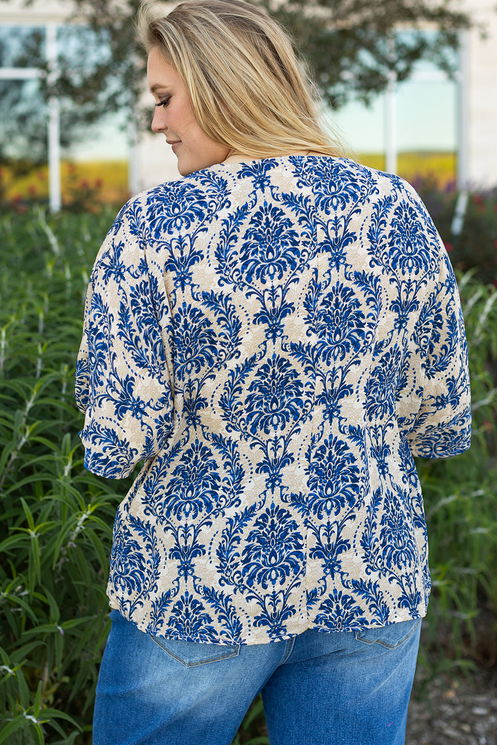 Blue Printed 3/4 Sleeve V Neck Loose Blouse in CURVY SIZE ONLY