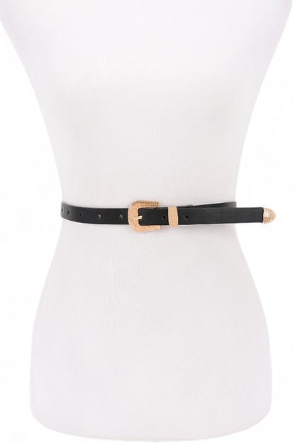 Black belt with a gold buckle on a mannequin against a white background