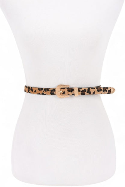 Leopard print belt on a mannequin with a white background