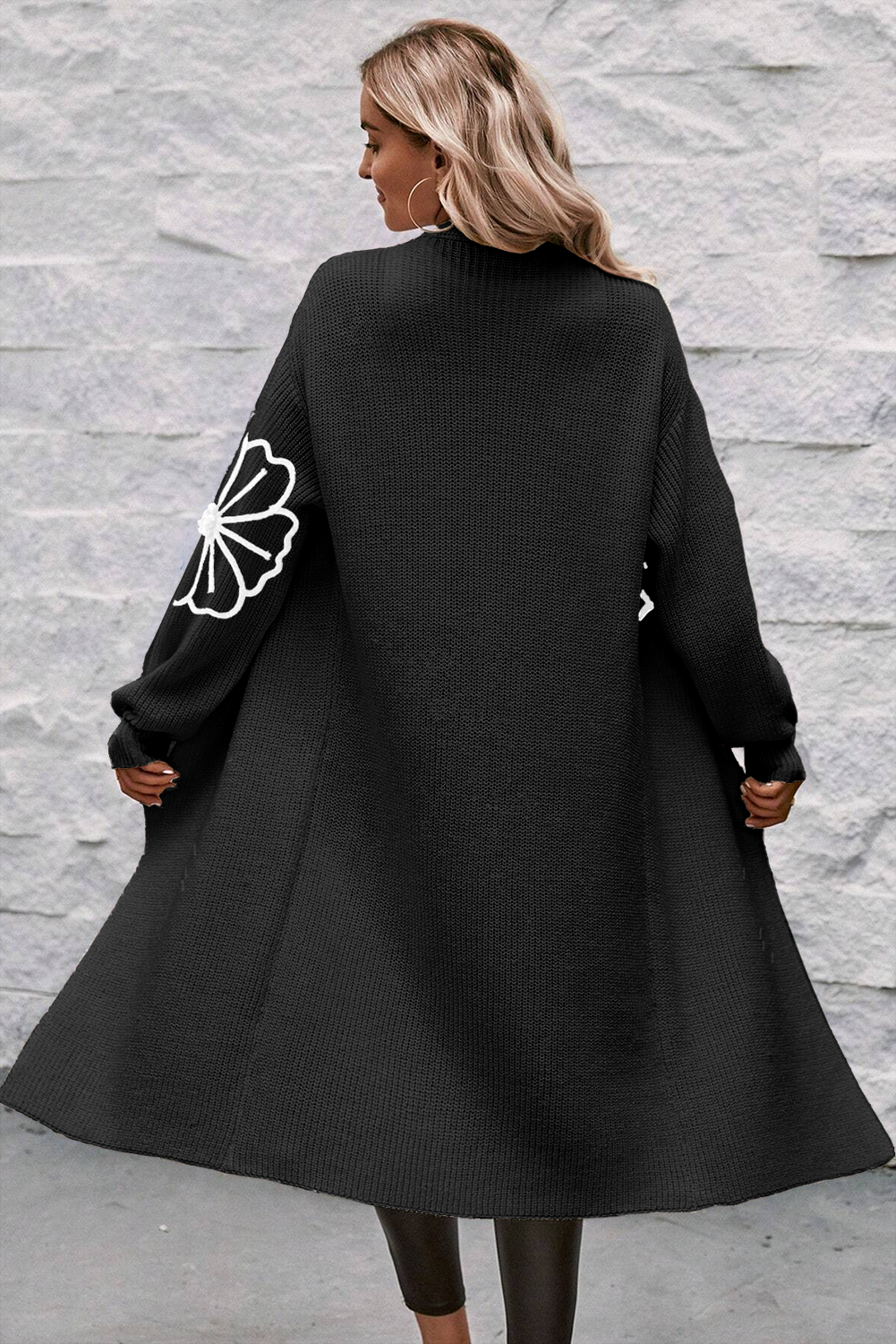 Black Flower Embroidered Drop Shoulder Open Front Duster Cardigan