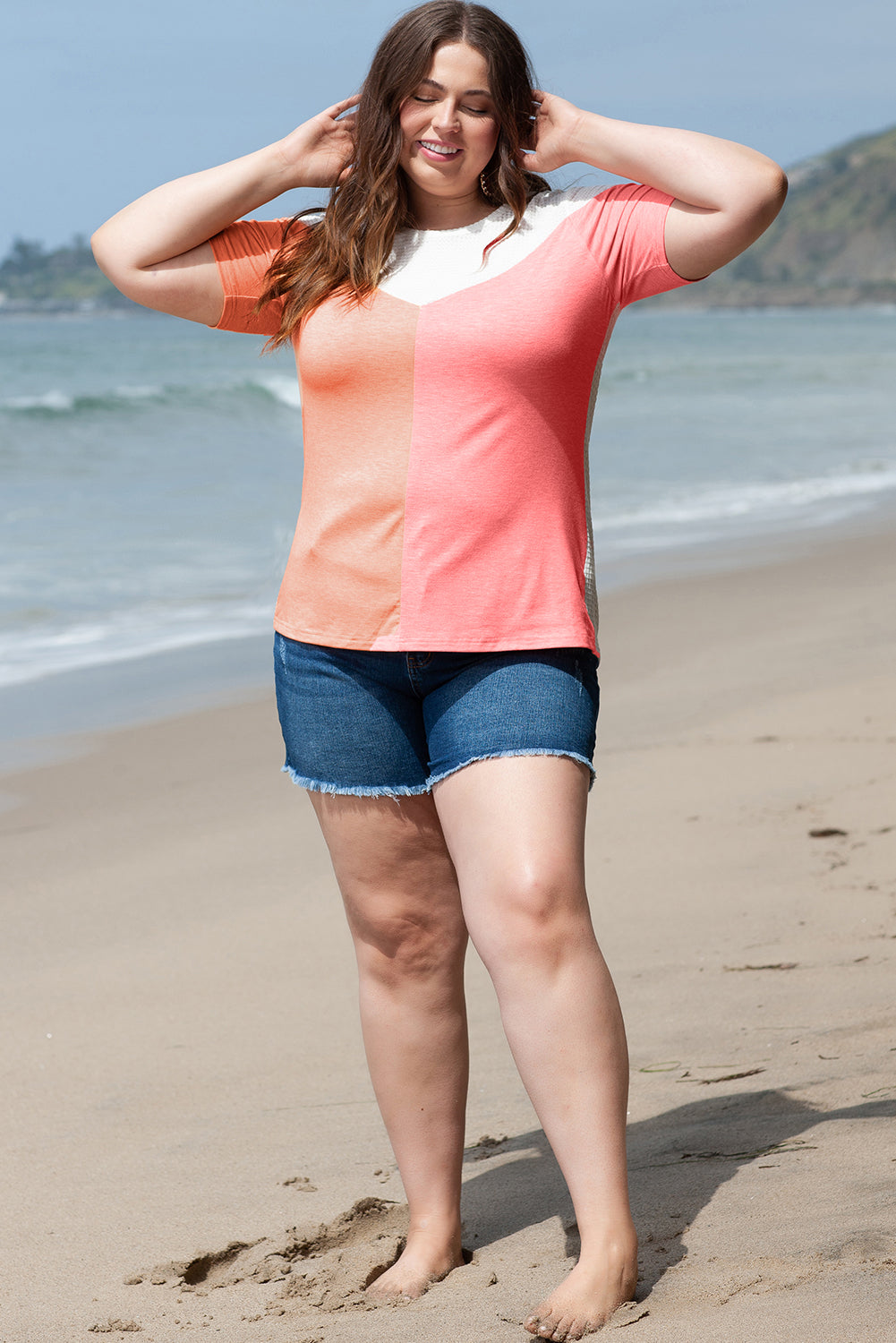 White Colorblock Waffle Knit Tee CURVY SIZE ONLY