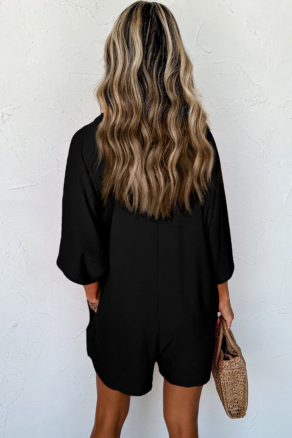 Half Button Collared Loose Romper in black